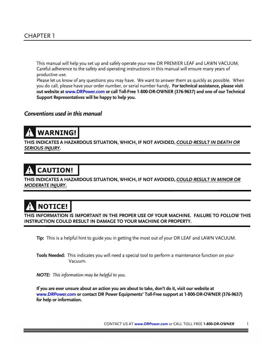 Introducing the dr premier leaf and lawn vacuum, Chapter 1, Conventions used in this manual | DR Power Tow-Behind 8.00 Premier (Pre-August 2010) User Manual | Page 5 / 72