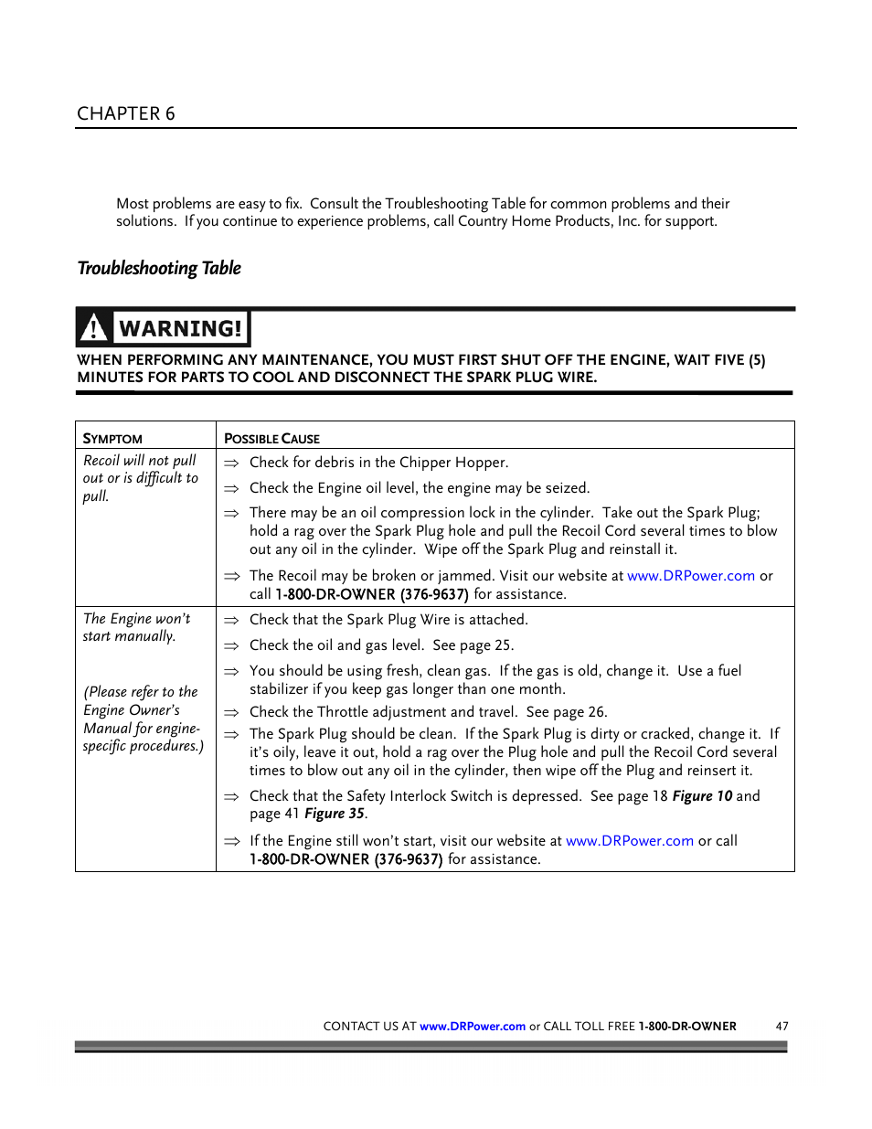 Troubleshooting, Chapter 6, Troubleshooting table | DR Power Tow-Behind 8.00 Premier (Pre-August 2010) User Manual | Page 51 / 72