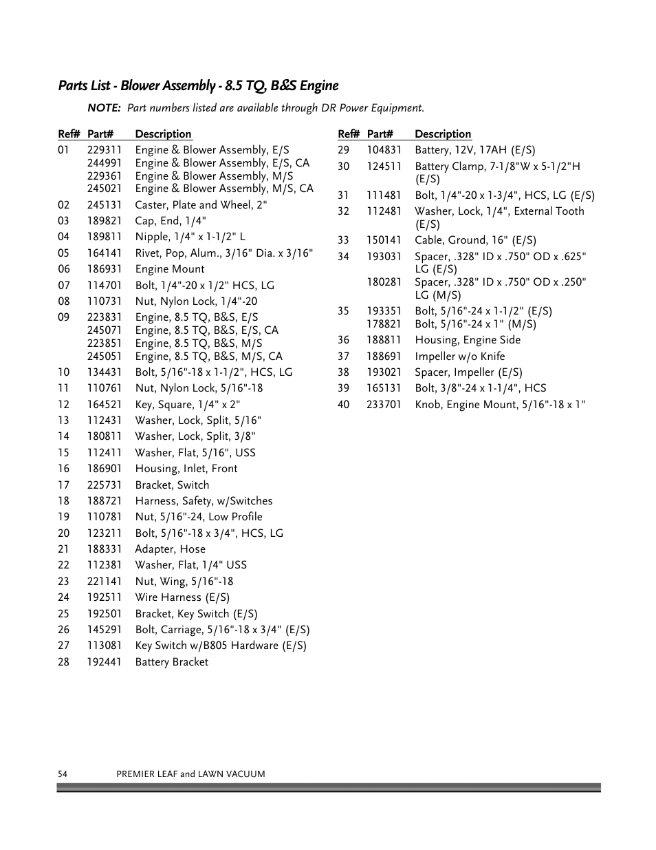 Parts list - blower assembly - 8.5 tq, b, S engine | DR Power Tow-Behind 8.00 Premier (Pre-August 2010) User Manual | Page 58 / 72