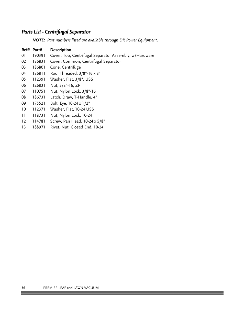 Parts list - centrifugal separator | DR Power Tow-Behind 8.00 Premier (Pre-August 2010) User Manual | Page 60 / 72