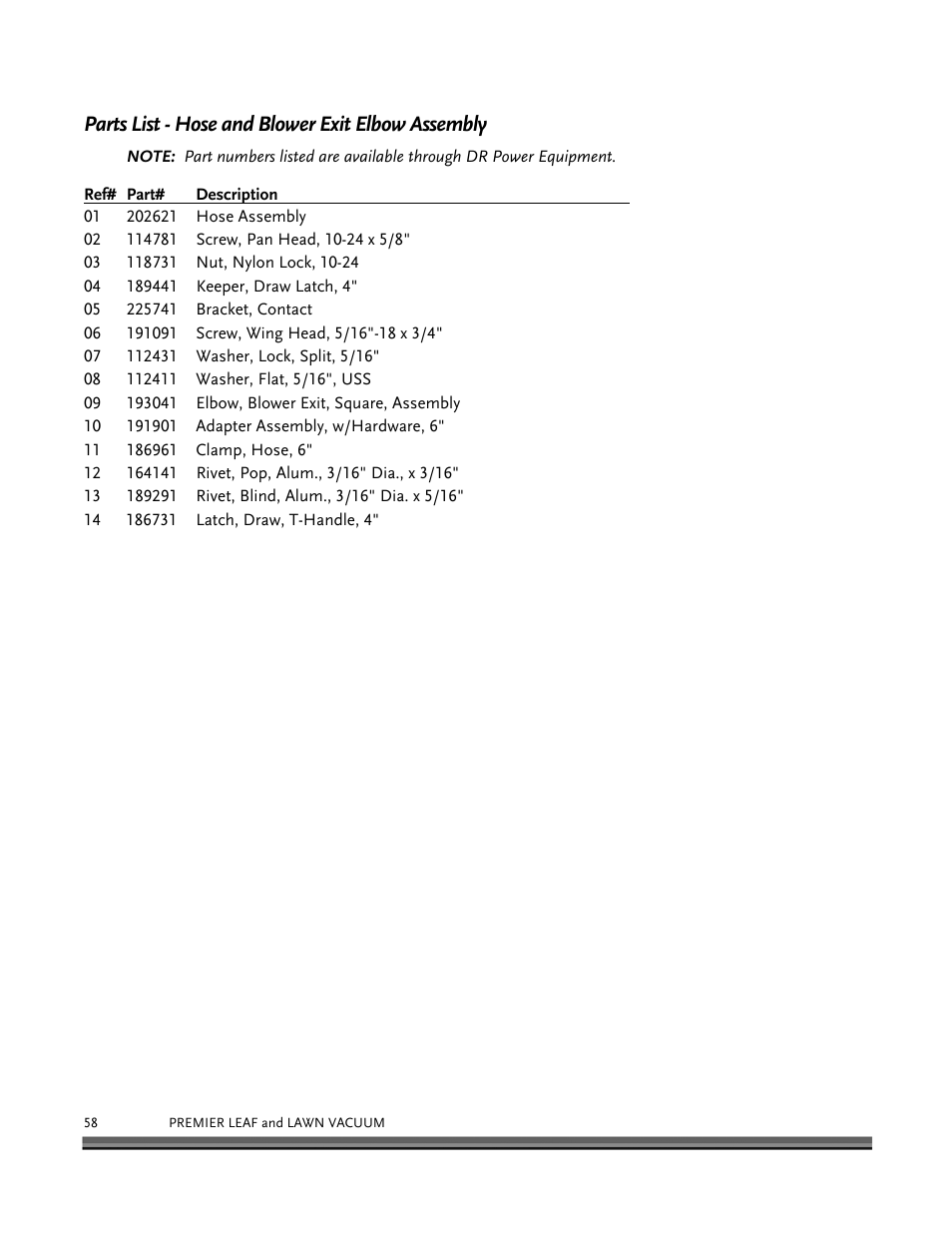Parts list - hose and blower exit elbow assembly | DR Power Tow-Behind 8.00 Premier (Pre-August 2010) User Manual | Page 62 / 72