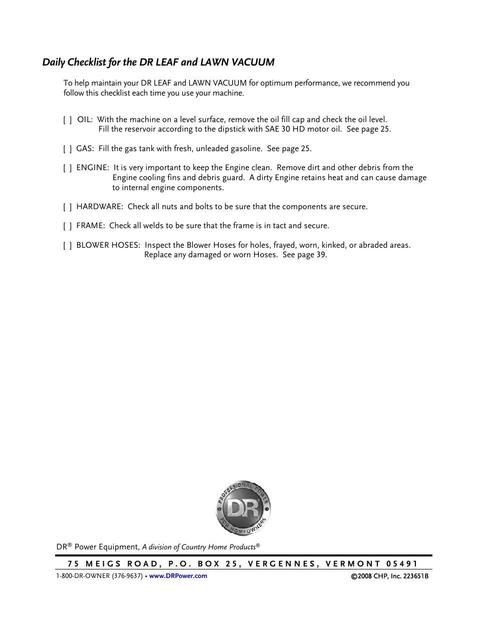 Daily checklist for the dr leaf and lawn vacuum | DR Power Tow-Behind 8.00 Premier (Pre-August 2010) User Manual | Page 72 / 72