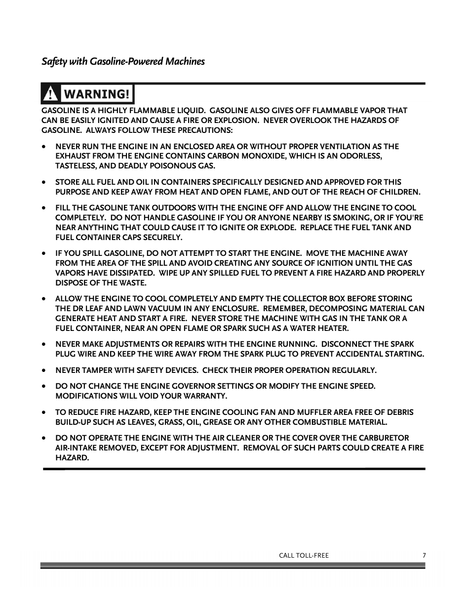 Safety with gasoline-powered machines | DR Power Tow-Behind 9.00 Commercial (May 2006 - July 2010) User Manual | Page 11 / 72