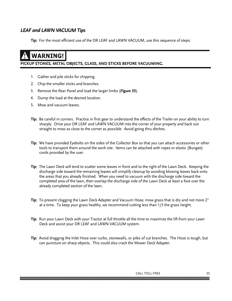 Leaf and lawn vacuum tips | DR Power Tow-Behind 9.00 Commercial (May 2006 - July 2010) User Manual | Page 39 / 72