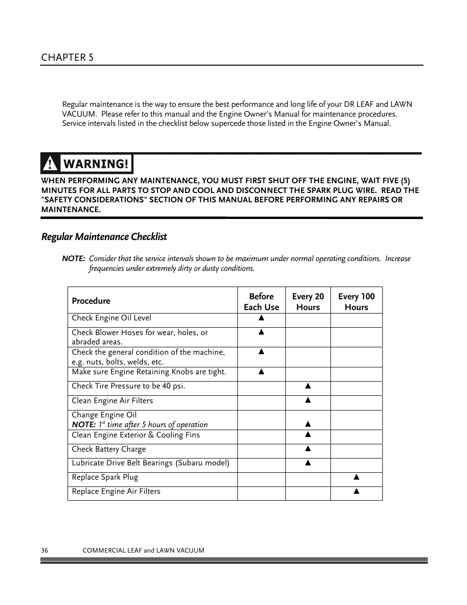 Maintaining the dr leaf and lawn vacuum, Chapter 5, Regular maintenance checklist | DR Power Tow-Behind 9.00 Commercial (May 2006 - July 2010) User Manual | Page 40 / 72