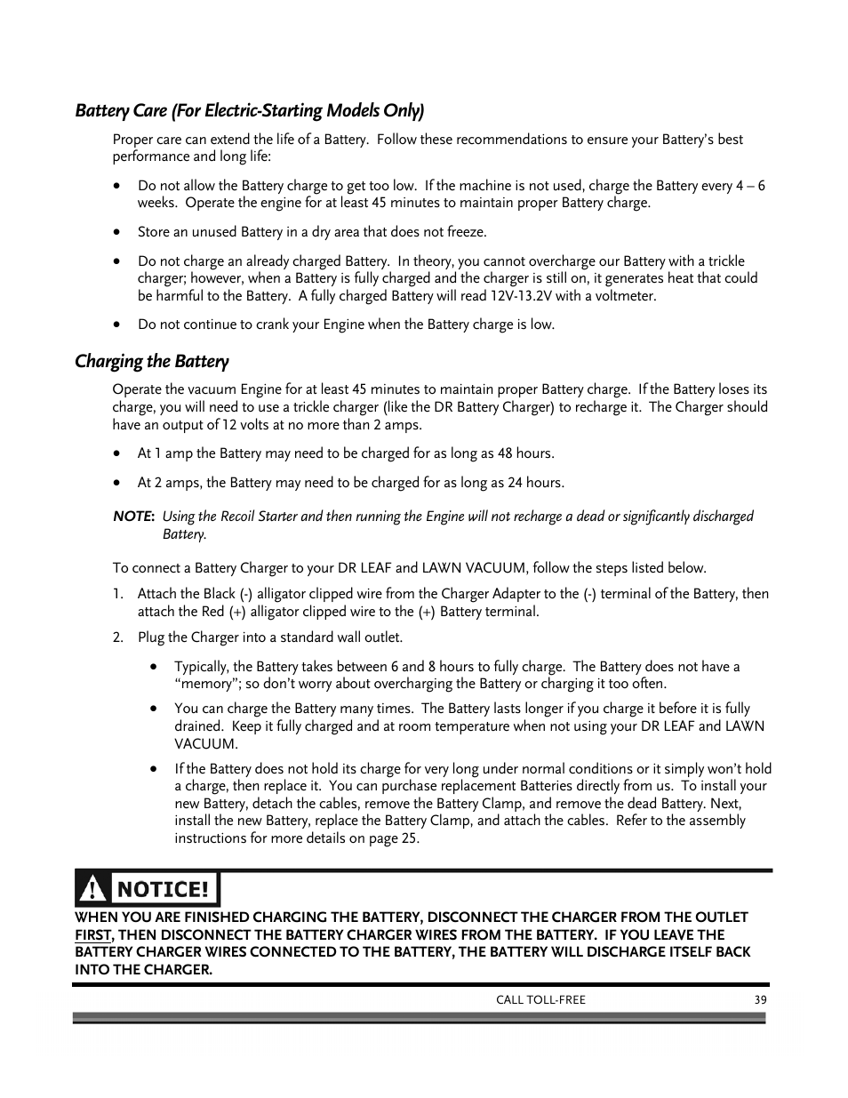 Battery care (for electric-starting models only), Charging the battery | DR Power Tow-Behind 9.00 Commercial (May 2006 - July 2010) User Manual | Page 43 / 72