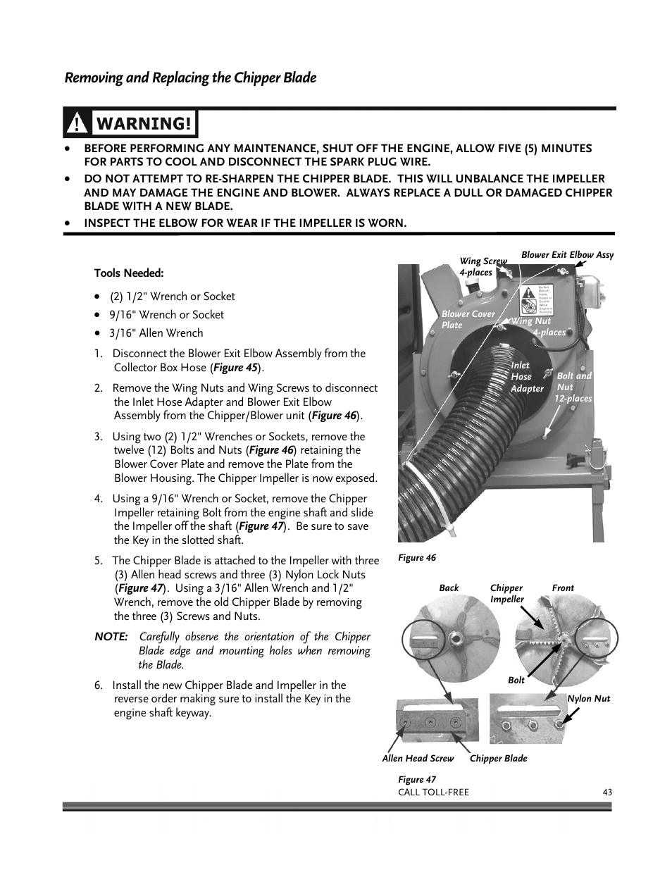 Removing and replacing the chipper blade | DR Power Tow-Behind 9.00 Commercial (May 2006 - July 2010) User Manual | Page 47 / 72