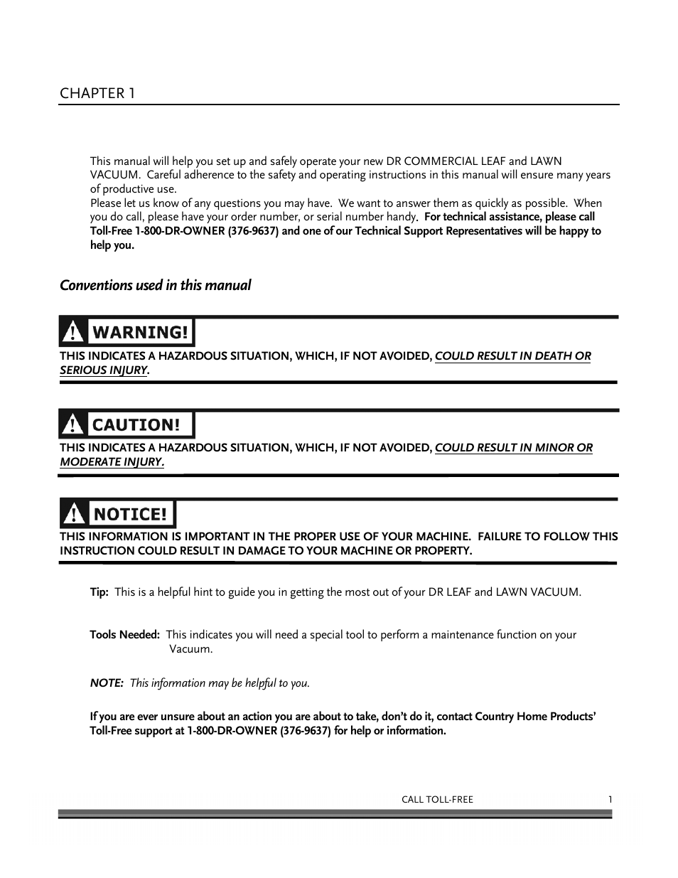 Introducing the dr leaf and lawn vacuum, Chapter 1, Conventions used in this manual | DR Power Tow-Behind 9.00 Commercial (May 2006 - July 2010) User Manual | Page 5 / 72