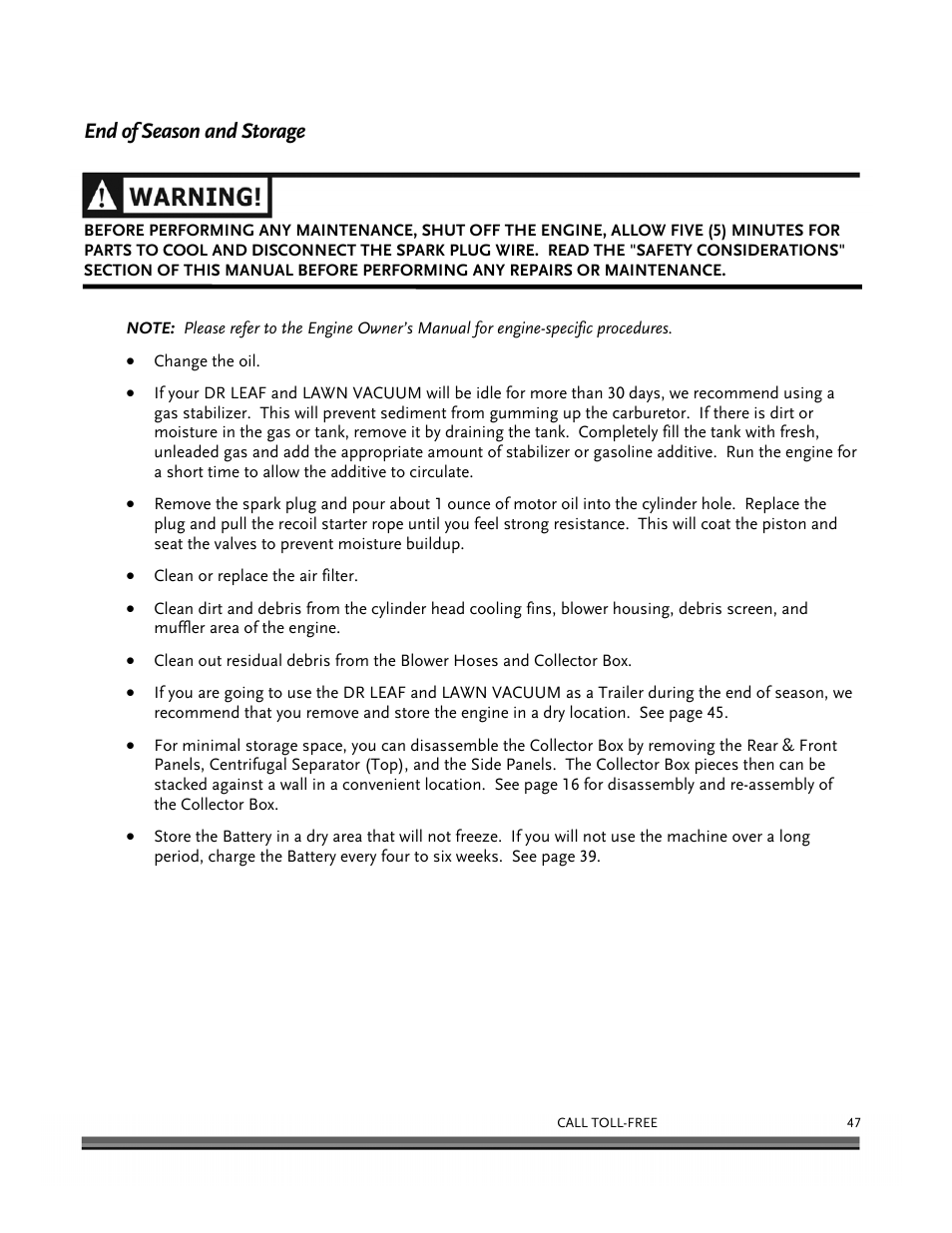 End of season and storage | DR Power Tow-Behind 9.00 Commercial (May 2006 - July 2010) User Manual | Page 51 / 72