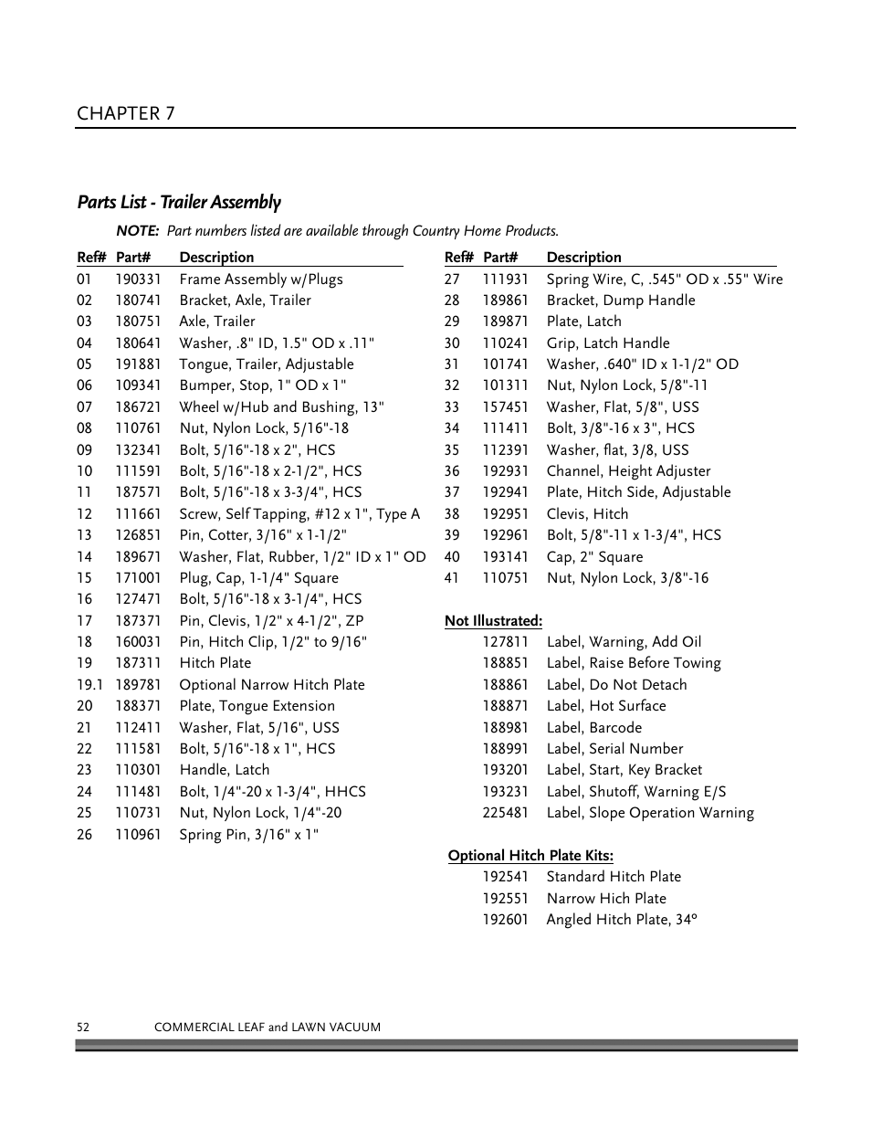 Parts lists, schematic diagrams and warranty, Chapter 7, Parts list - trailer assembly | DR Power Tow-Behind 9.00 Commercial (May 2006 - July 2010) User Manual | Page 56 / 72