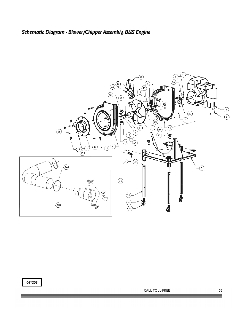 Schematic diagram - blower/chipper assembly, b, S engine | DR Power Tow-Behind 9.00 Commercial (May 2006 - July 2010) User Manual | Page 59 / 72
