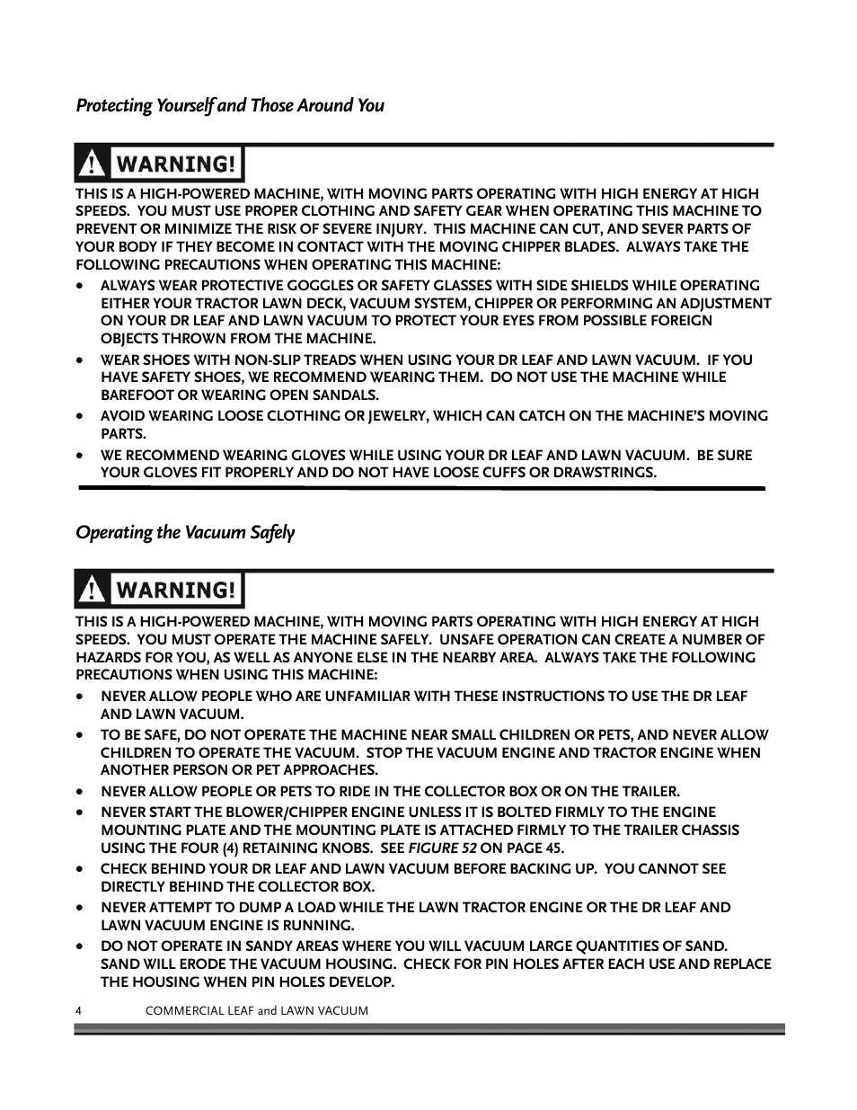 Protecting yourself and those around you, Operating the vacuum safely | DR Power Tow-Behind 9.00 Commercial (May 2006 - July 2010) User Manual | Page 8 / 72