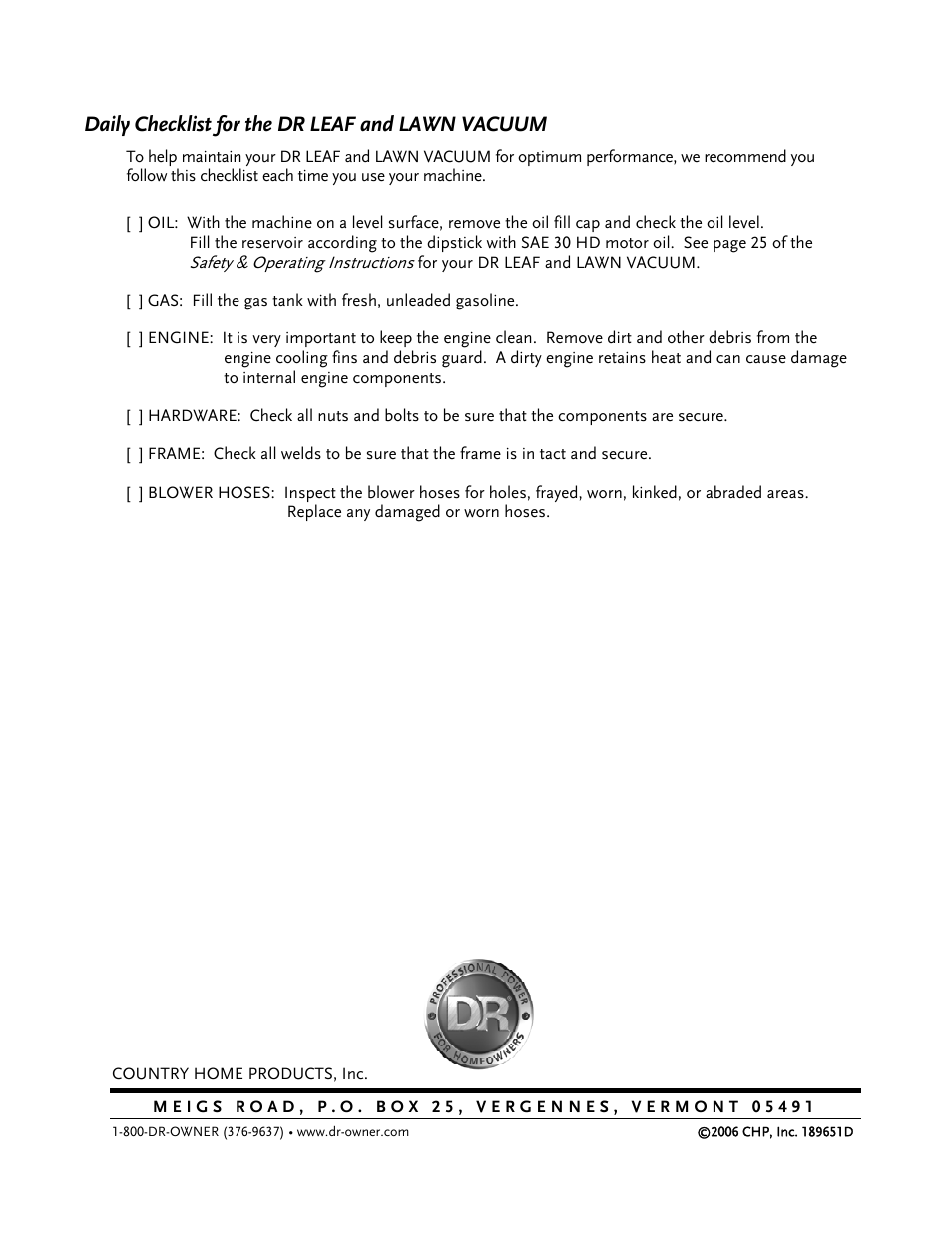 Daily checklist for the dr leaf and lawn vacuum | DR Power Tow-Behind Vacuum Hose (Pre-August 2010) User Manual | Page 32 / 32