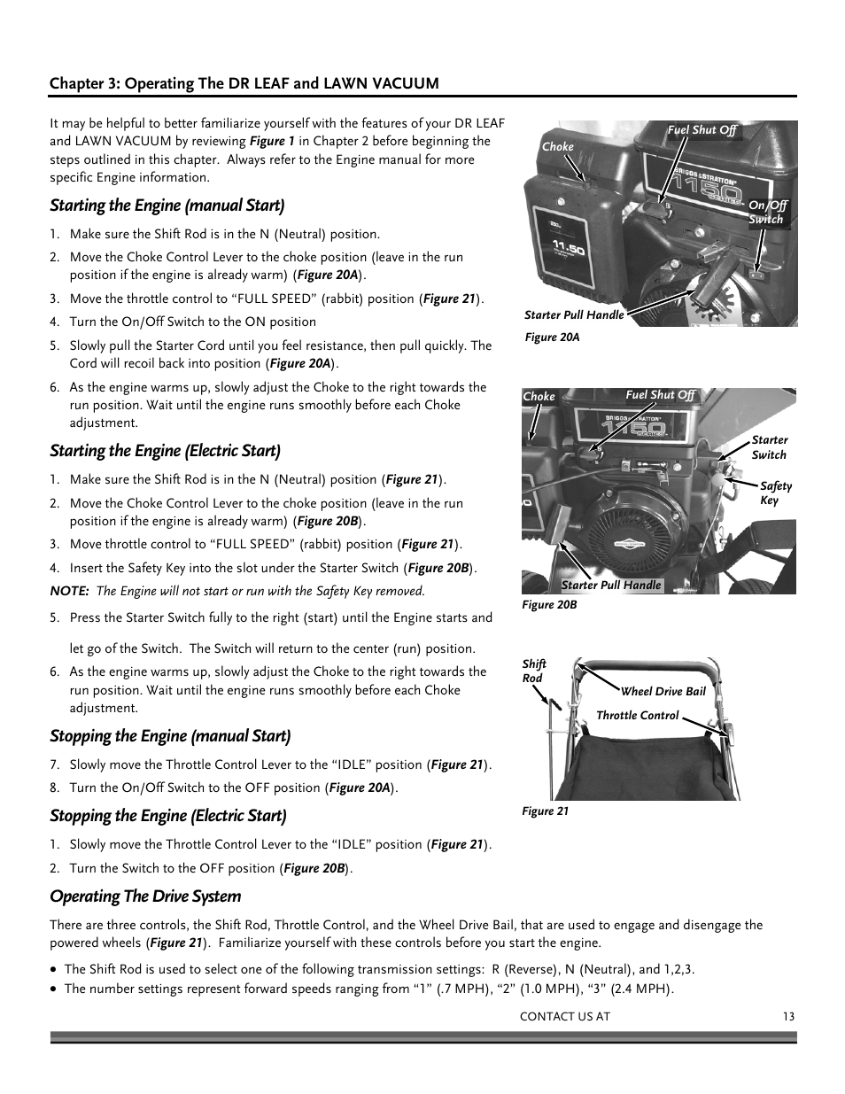 Starting the engine (manual start), Starting the engine (electric start), Stopping the engine (manual start) | Stopping the engine (electric start), Operating the drive system | DR Power Walk-Behind 11.50 fpt (August 2010 - Present) User Manual | Page 13 / 32