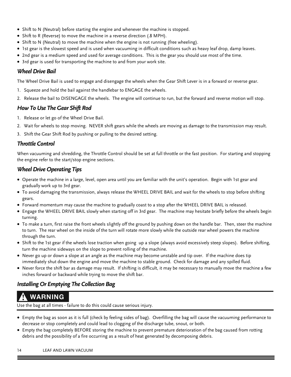 Wheel drive bail, How to use the gear shift rod, Throttle control | Wheel drive operating tips, Installing or emptying the collection bag | DR Power Walk-Behind 11.50 fpt (August 2010 - Present) User Manual | Page 14 / 32