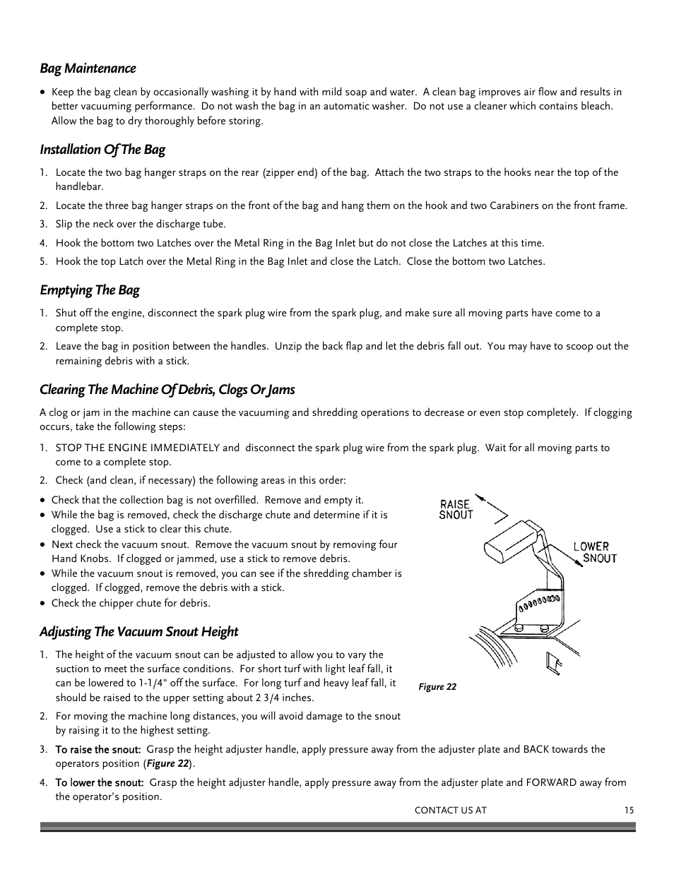 Bag maintenance, Installation of the bag, Emptying the bag | Clearing the machine of debris, clogs or jams, Adjusting the vacuum snout height | DR Power Walk-Behind 11.50 fpt (August 2010 - Present) User Manual | Page 15 / 32