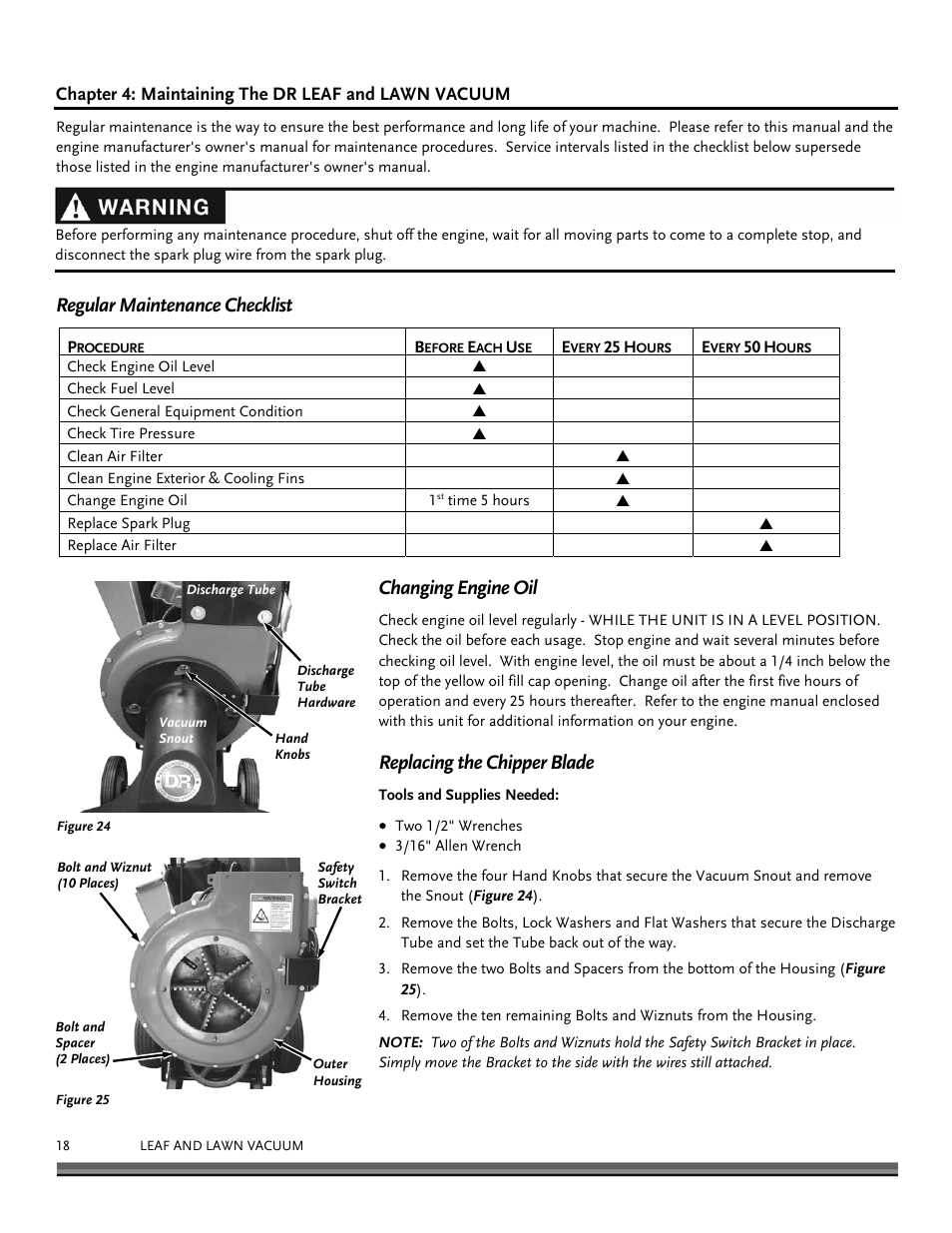 Regular maintenance checklist, Changing engine oil, Replacing the chipper blade | DR Power Walk-Behind 11.50 fpt (August 2010 - Present) User Manual | Page 18 / 32