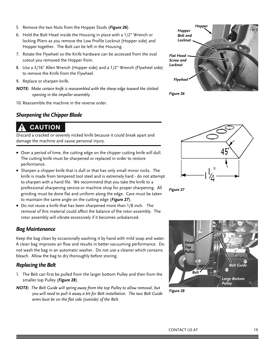 Sharpening the chipper blade, Bag maintenance, Replacing the belt | DR Power Walk-Behind 11.50 fpt (August 2010 - Present) User Manual | Page 19 / 32