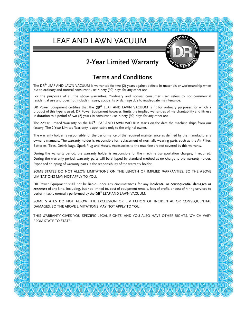 Leaf and lawn vacuum, Year limited warranty, Terms and conditions | DR Power Walk-Behind 11.50 fpt (August 2010 - Present) User Manual | Page 31 / 32