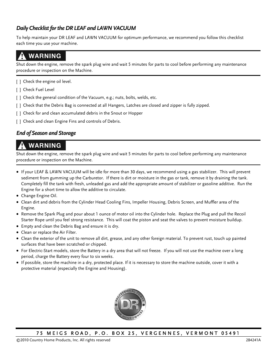 Daily checklist for the dr leaf and lawn vacuum, End of season and storage | DR Power Walk-Behind 11.50 fpt (August 2010 - Present) User Manual | Page 32 / 32