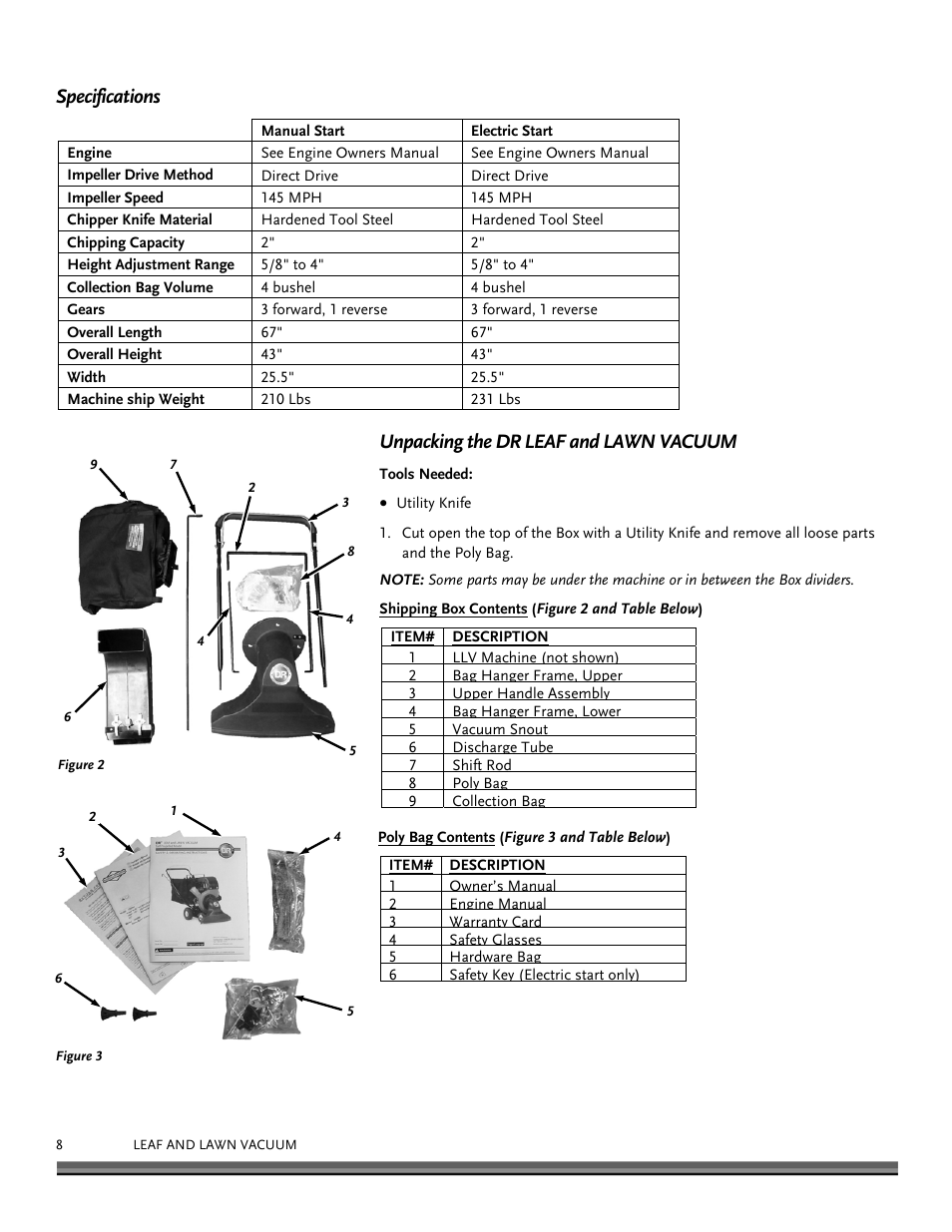 Specifications, Unpacking the dr leaf and lawn vacuum | DR Power Walk-Behind 11.50 fpt (August 2010 - Present) User Manual | Page 8 / 32