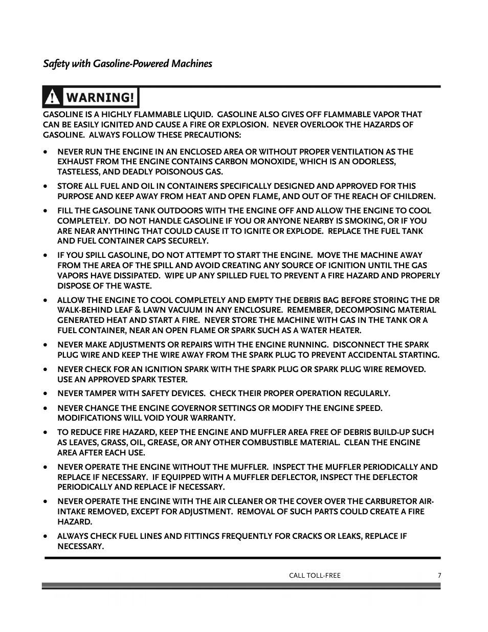 Safety with gasoline-powered machines | DR Power Walk-Behind 6.5 (Pre-August 2010) User Manual | Page 11 / 62