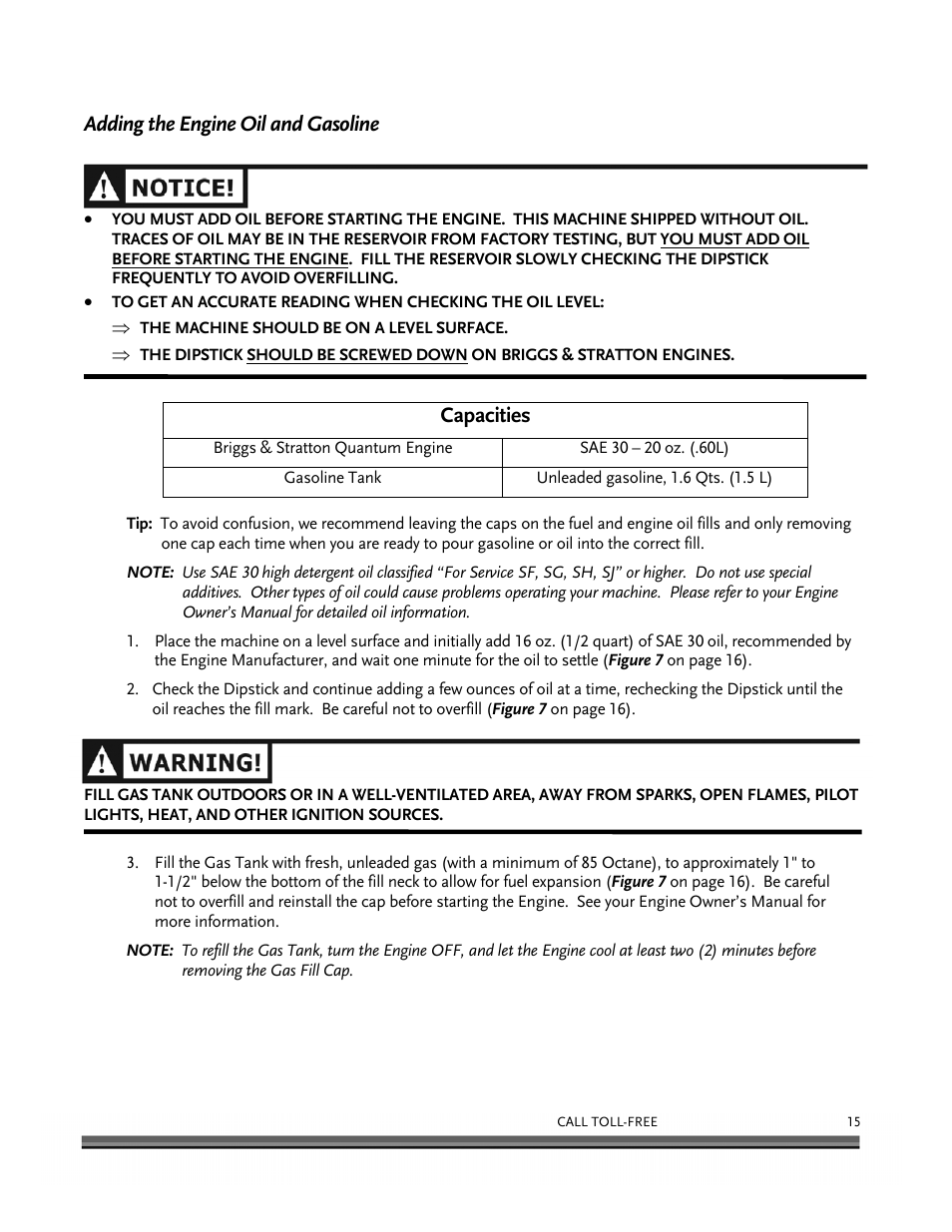 Adding the engine oil and gasoline, Capacities | DR Power Walk-Behind 6.5 (Pre-August 2010) User Manual | Page 19 / 62