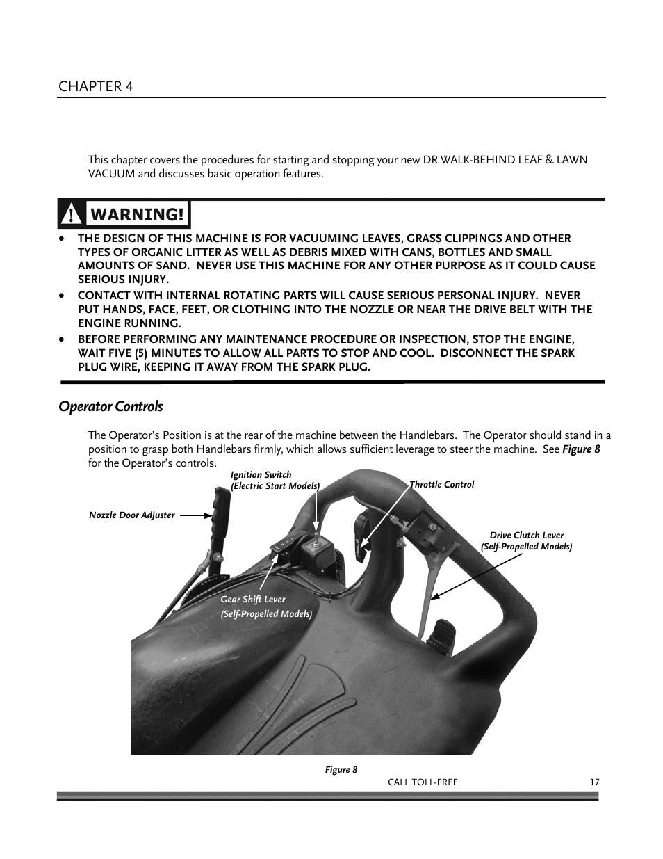 Operating your dr walk-behind leaf & lawn vacuum, Chapter 4, Operator controls | DR Power Walk-Behind 6.5 (Pre-August 2010) User Manual | Page 21 / 62