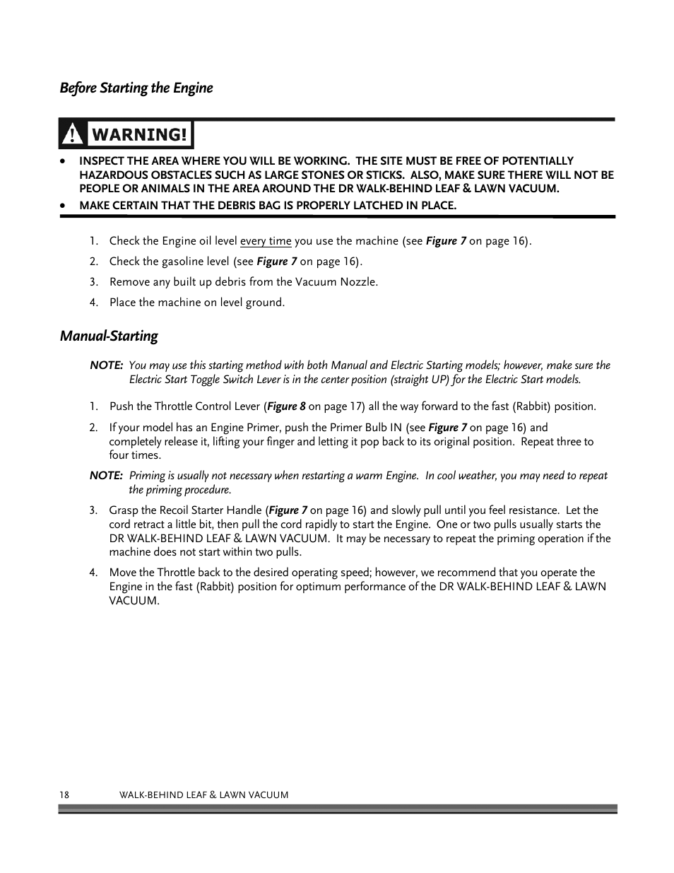 Before starting the engine, Manual-starting | DR Power Walk-Behind 6.5 (Pre-August 2010) User Manual | Page 22 / 62