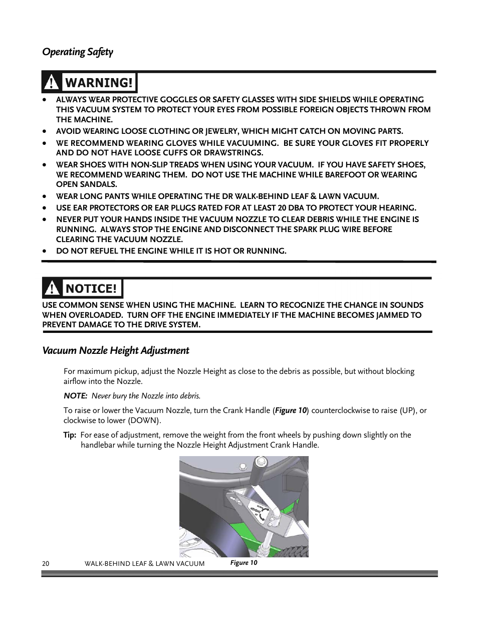 Operating safety, Vacuum nozzle height adjustment | DR Power Walk-Behind 6.5 (Pre-August 2010) User Manual | Page 24 / 62