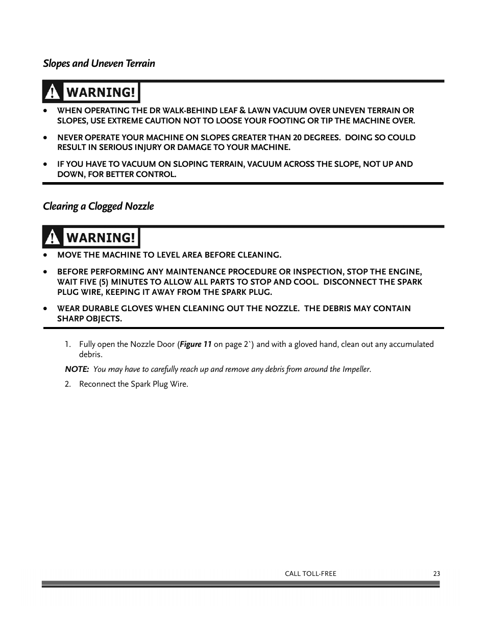Slopes and uneven terrain, Clearing a clogged nozzle | DR Power Walk-Behind 6.5 (Pre-August 2010) User Manual | Page 27 / 62