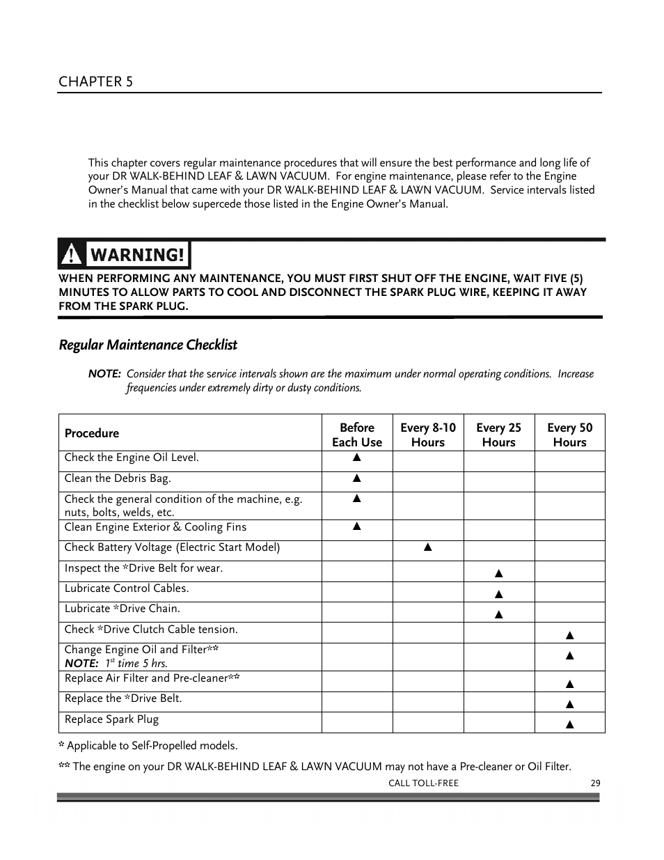 Maintaining the dr walk-behind leaf & lawn vacuum, Chapter 5, Regular maintenance checklist | DR Power Walk-Behind 6.5 (Pre-August 2010) User Manual | Page 33 / 62