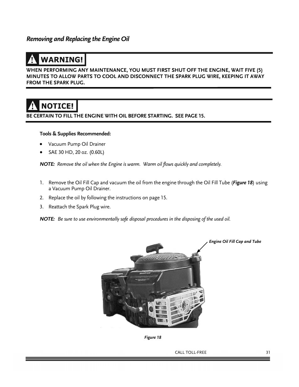 Removing and replacing the engine oil | DR Power Walk-Behind 6.5 (Pre-August 2010) User Manual | Page 35 / 62