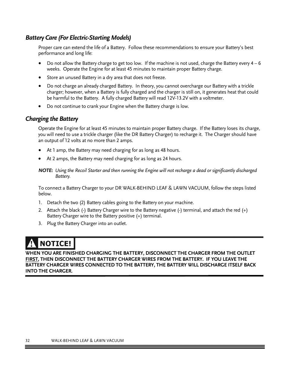 Battery care (for electric-starting models), Charging the battery | DR Power Walk-Behind 6.5 (Pre-August 2010) User Manual | Page 36 / 62