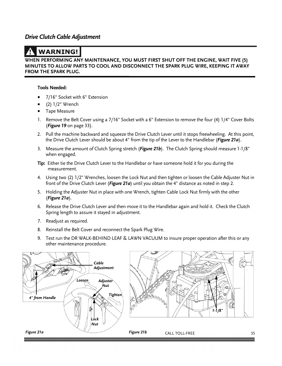 Drive clutch cable adjustment | DR Power Walk-Behind 6.5 (Pre-August 2010) User Manual | Page 39 / 62