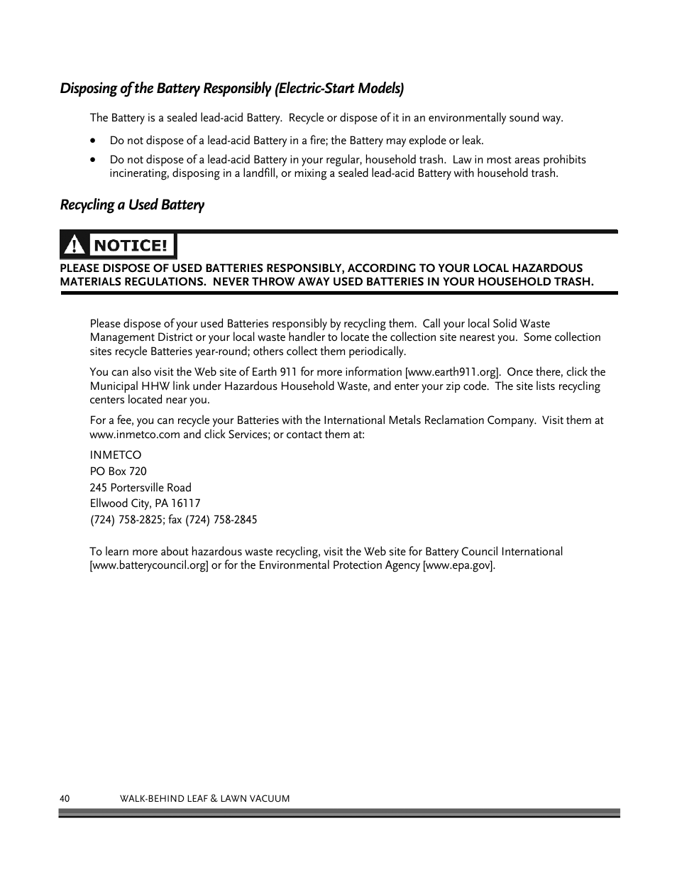 Recycling a used battery | DR Power Walk-Behind 6.5 (Pre-August 2010) User Manual | Page 44 / 62