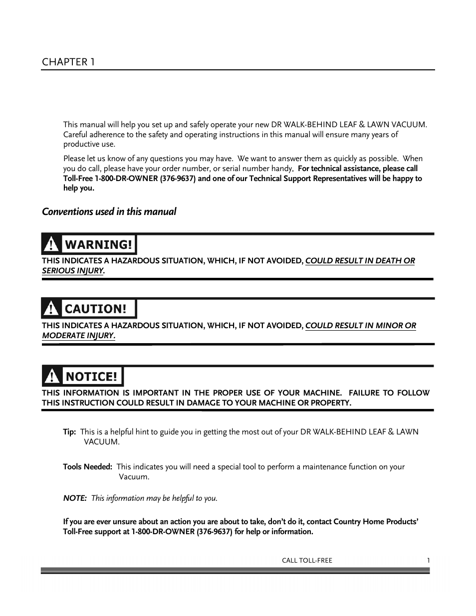 Introducing the dr walk-behind leaf & lawn vacuum, Chapter 1, Conventions used in this manual | DR Power Walk-Behind 6.5 (Pre-August 2010) User Manual | Page 5 / 62