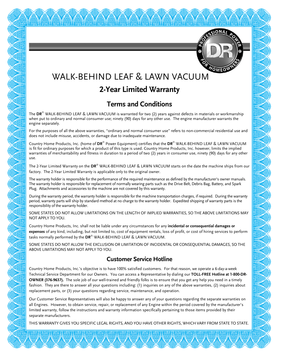 Walk-behind leaf & lawn vacuum, Year limited warranty, Warranty | Terms and conditions, Customer service hotline | DR Power Walk-Behind 6.5 (Pre-August 2010) User Manual | Page 61 / 62