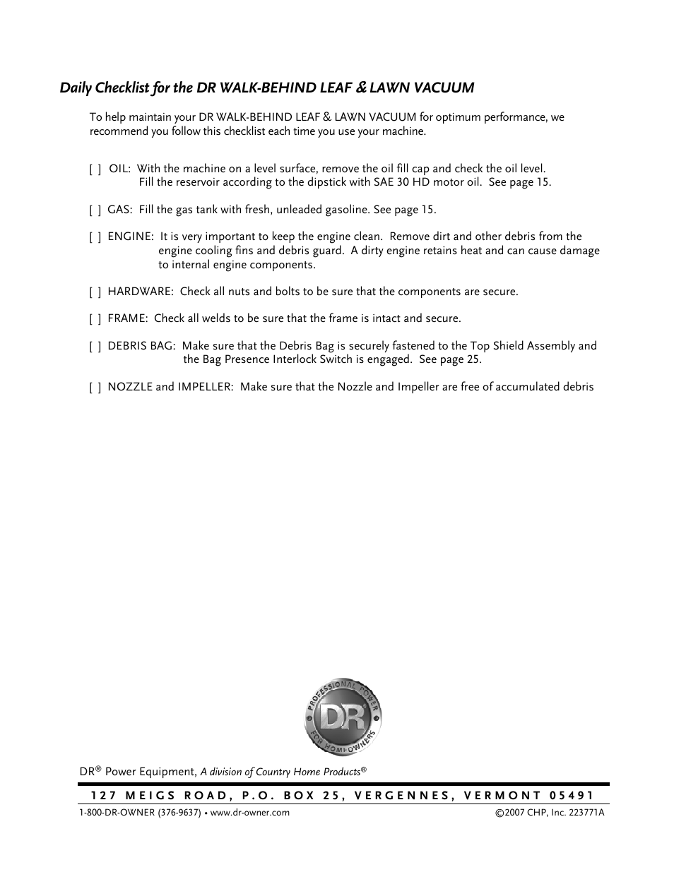 Daily checklist for the dr walk-behind leaf, Lawn vacuum | DR Power Walk-Behind 6.5 (Pre-August 2010) User Manual | Page 62 / 62