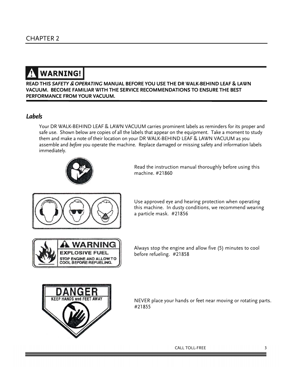 General safety rules, Chapter 2, Labels | DR Power Walk-Behind 6.5 (Pre-August 2010) User Manual | Page 7 / 62