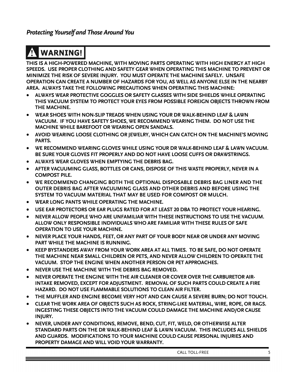 Protecting yourself and those around you | DR Power Walk-Behind 6.5 (Pre-August 2010) User Manual | Page 9 / 62