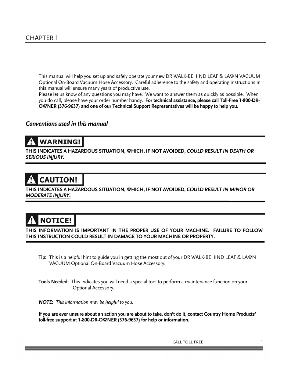 Chapter 1, Conventions used in this manual | DR Power Walk-Behind On Board Vacuum Hose (July 2010 and Prior) User Manual | Page 5 / 16