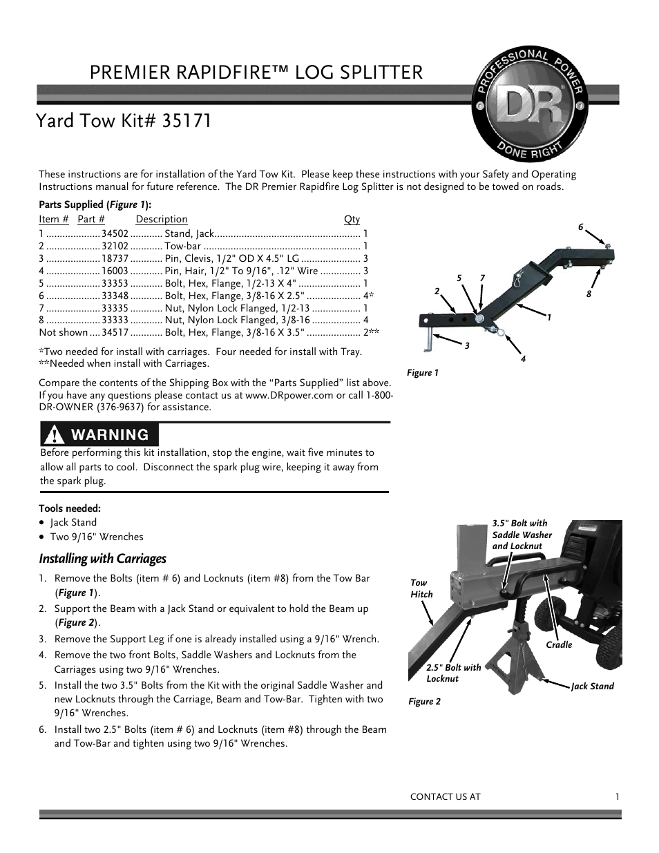 DR Power RapidFire Premier Yard Tow Kit (August 2014 - Present) User Manual | 2 pages