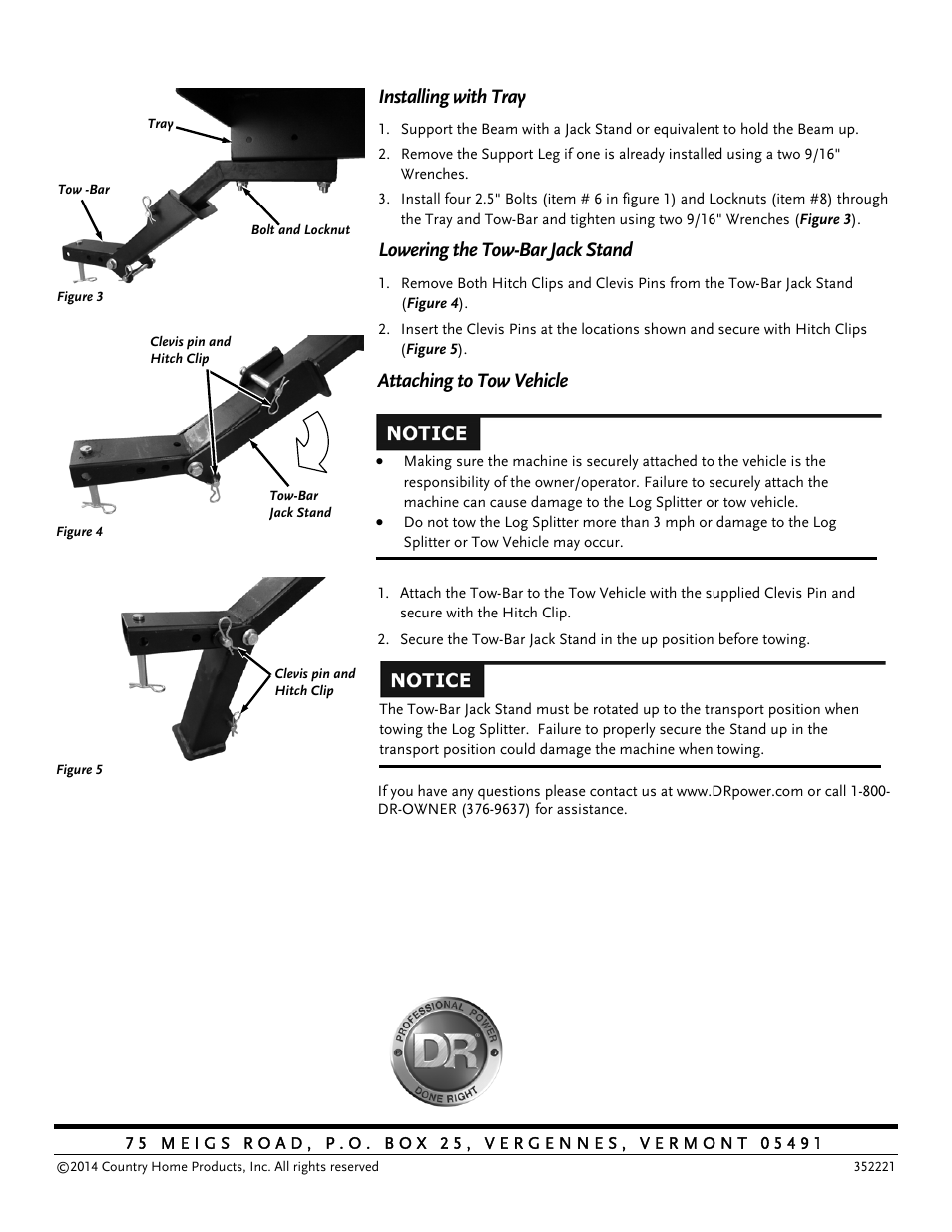 Installing with tray, Lowering the tow-bar jack stand, Attaching to tow vehicle | DR Power RapidFire Premier Yard Tow Kit (August 2014 - Present) User Manual | Page 2 / 2