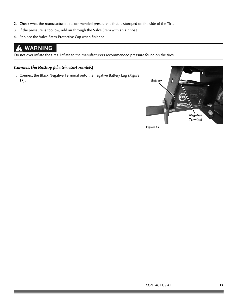 Connect the battery (electric start models) | DR Power RapidFire 5.5 HP Subaru (July 2013 - Present) Operating Manual User Manual | Page 13 / 32