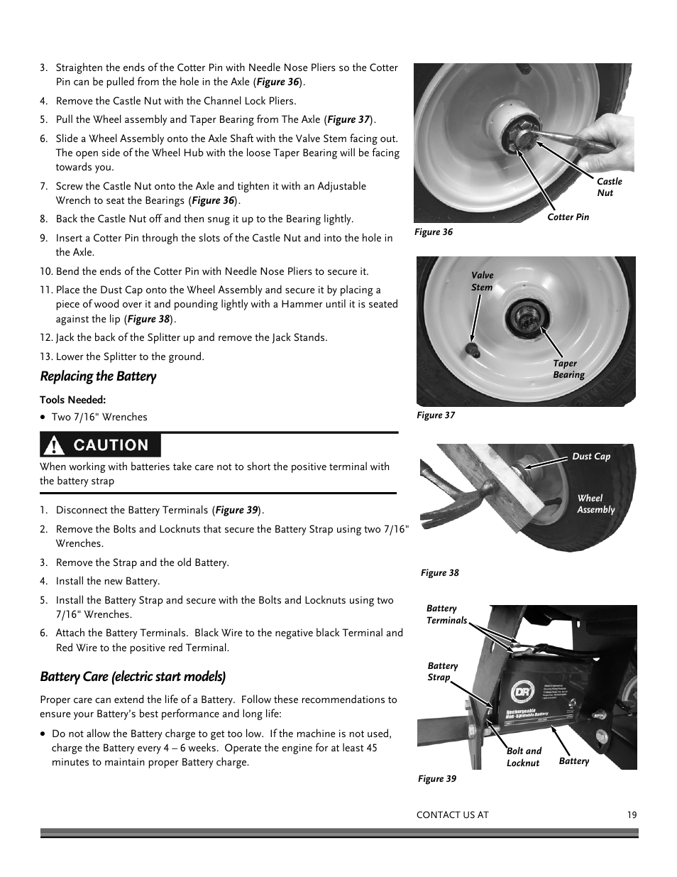 Replacing the battery, Battery care (electric start models) | DR Power RapidFire 5.5 HP Subaru (July 2013 - Present) Operating Manual User Manual | Page 19 / 32