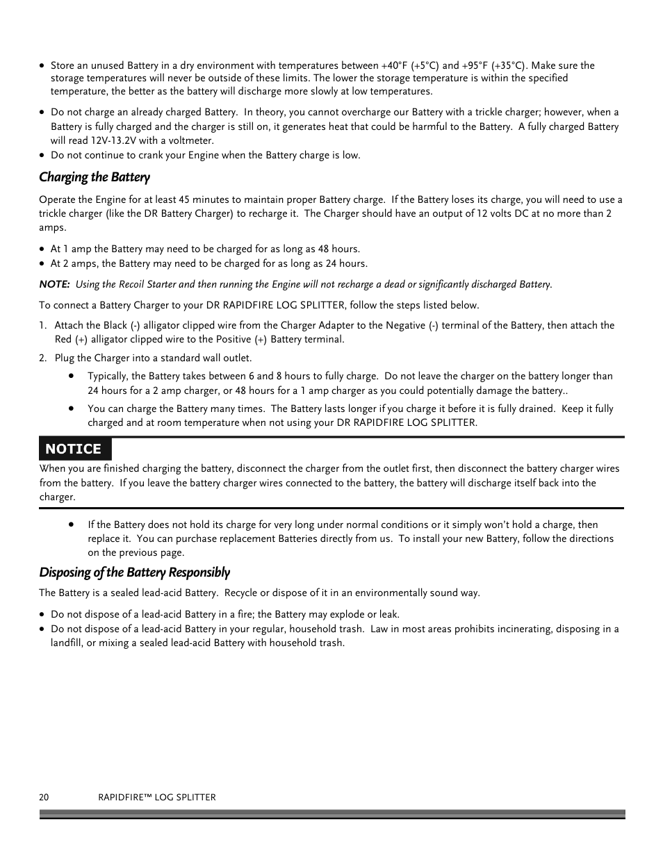 Charging the battery, Disposing of the battery responsibly | DR Power RapidFire 5.5 HP Subaru (July 2013 - Present) Operating Manual User Manual | Page 20 / 32