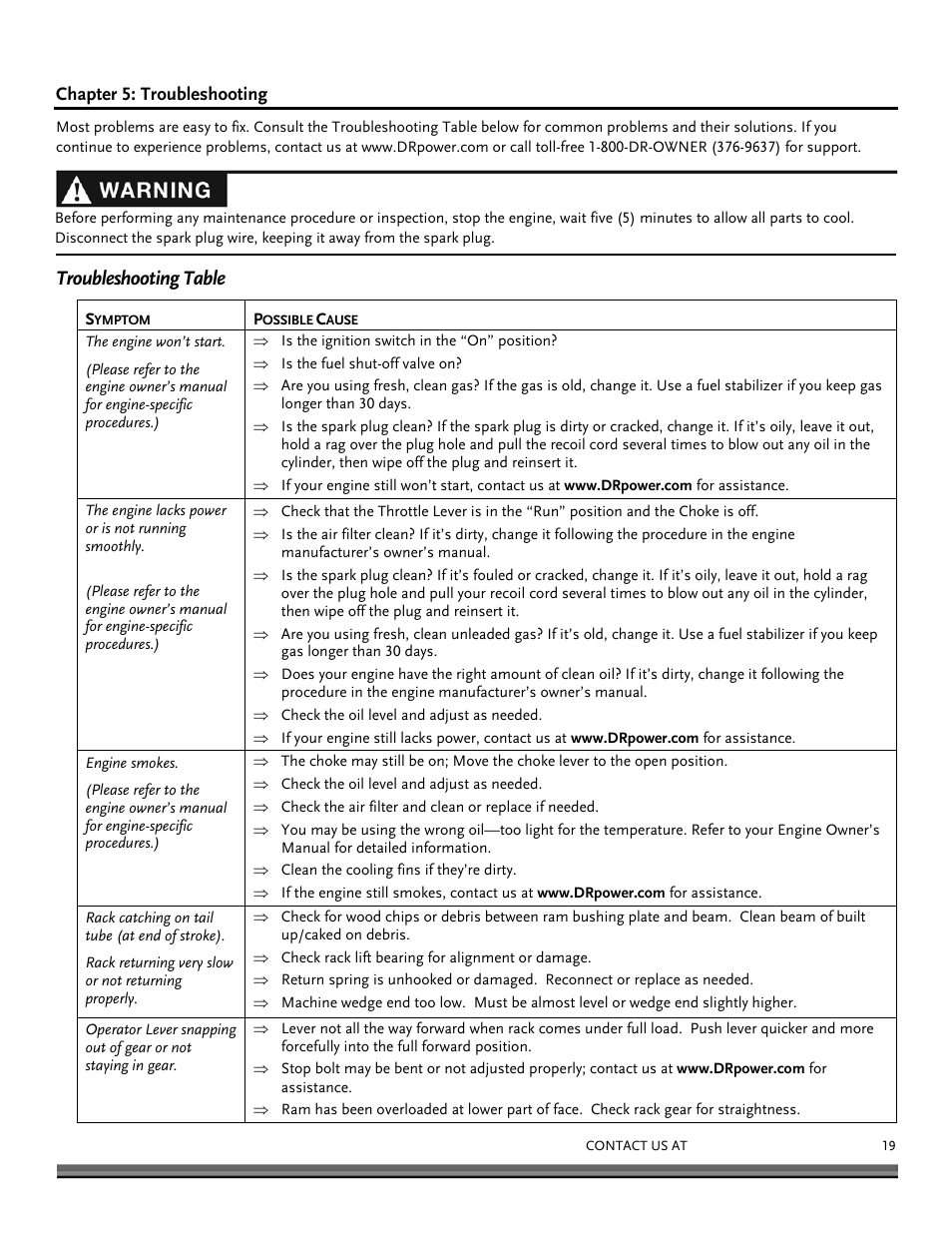 Troubleshooting table | DR Power RapidFire 6 HP Subaru (July 2012 - Aug 2013) User Manual | Page 19 / 28