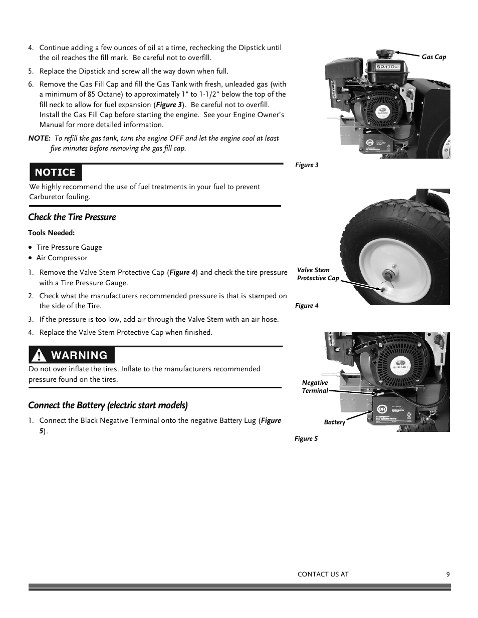 Check the tire pressure, Connect the battery (electric start models) | DR Power RapidFire 6 HP Subaru (July 2012 - Aug 2013) User Manual | Page 9 / 28