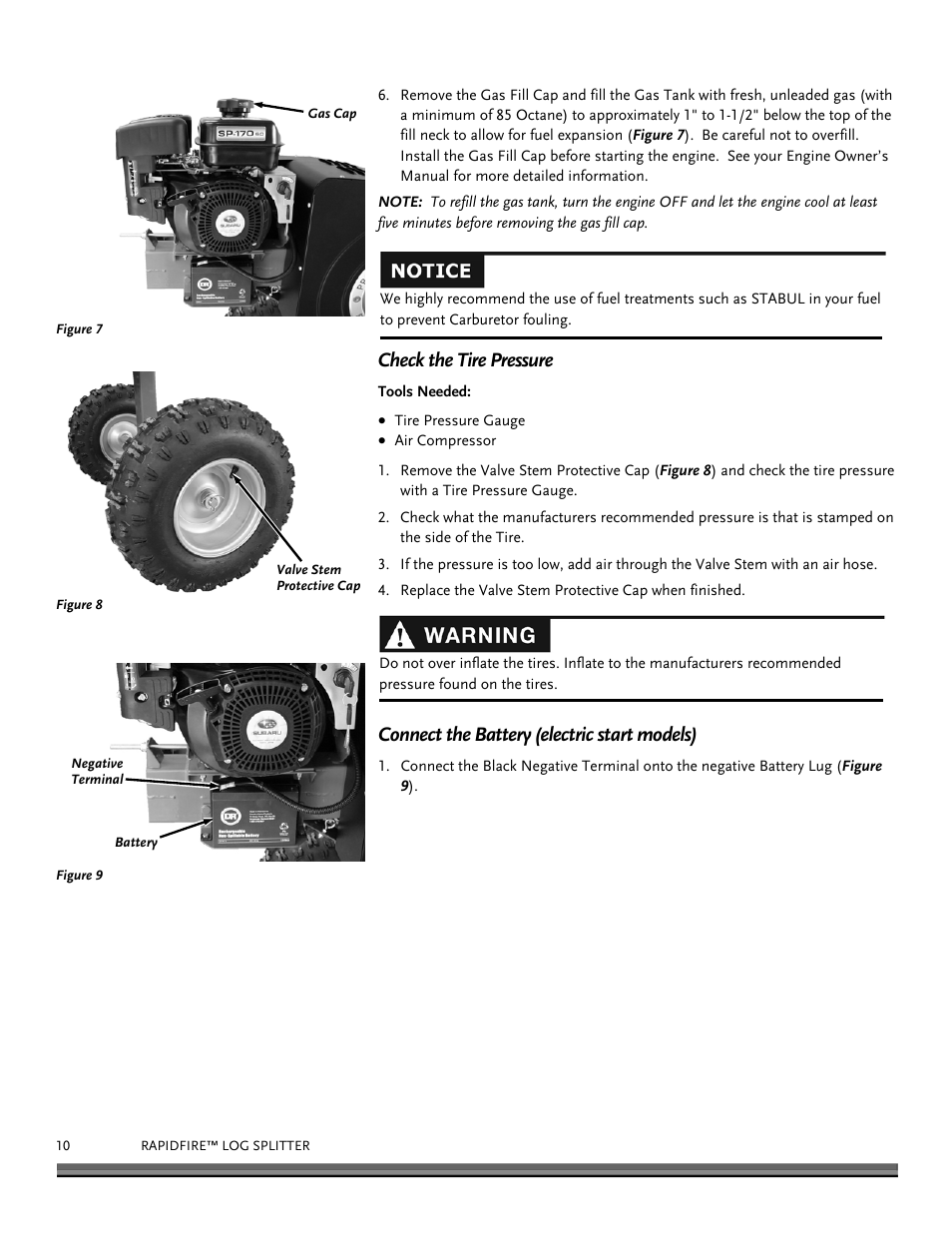 Check the tire pressure, Connect the battery (electric start models) | DR Power RapidFire 6 HP Subaru (Aug 2011 - Sept 2012) User Manual | Page 10 / 28